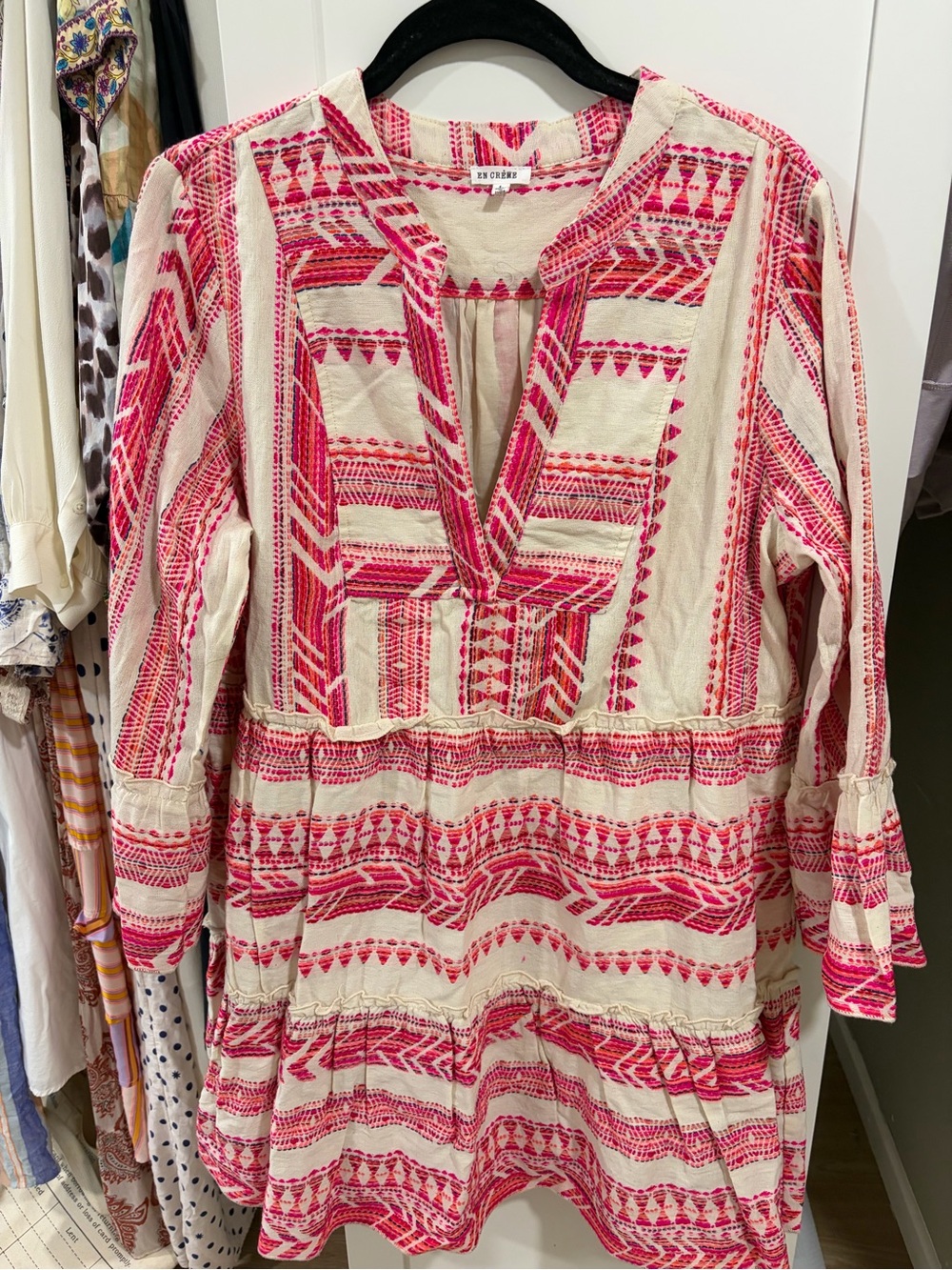 En Creme Cream Dress with Hot Pink Geometric Embroidery